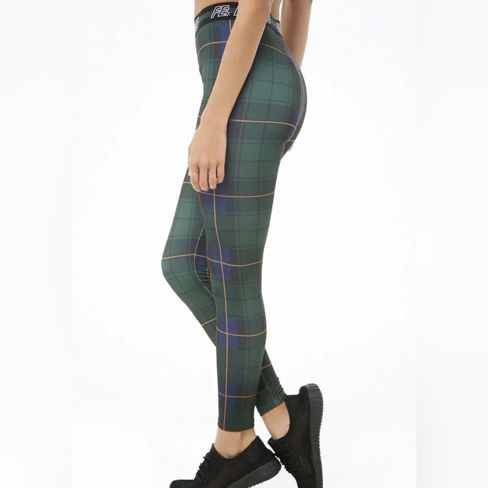 Forever 21 Tartan Plaid Green, Navy and Yellow Patterned Leggings Stretch Large